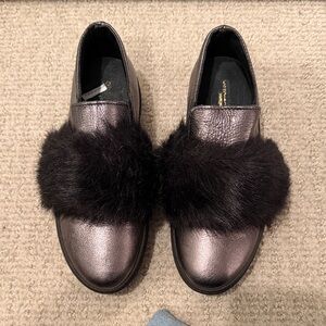 Chic Metallic Loafers with Black Fur Accent